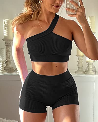 OLCHEE Womens 3 Piece Workout Sets - Seamless Ribbed Yoga Outfits Sports Bra One Shoulder Top Biker Shorts Gym Athletic Cloth - Image 4