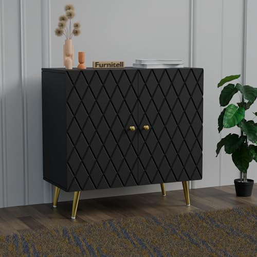 Image of Modern Wooden Storage Cabinet with 2 Doors | Geometric Design Sideboard /Cupboard for Living Room | Multipurpose Organizer for Bedroom & Entryway | HDMR Premium Wood | Gold Metal Legs(Black)