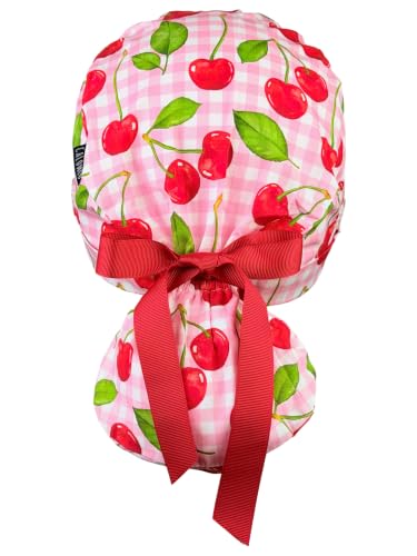 Image of Scrub Cap for Women and Men, Ponytail Scrub Caps, Working Hat, Head Cover with Ribbon Ties and Buttons, Long Hair