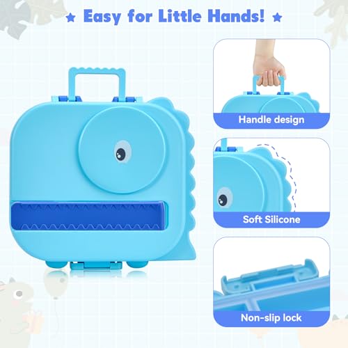Image of Pawtong Bento Lunch Box with Thermo, 4-Compartment Bento Box with Adjustable Dividers, Leakproof Dinosaur Lunch Box with 14.2OZ Insulated Food Jar & Sauce Jar, for School Office Travel (Blue)