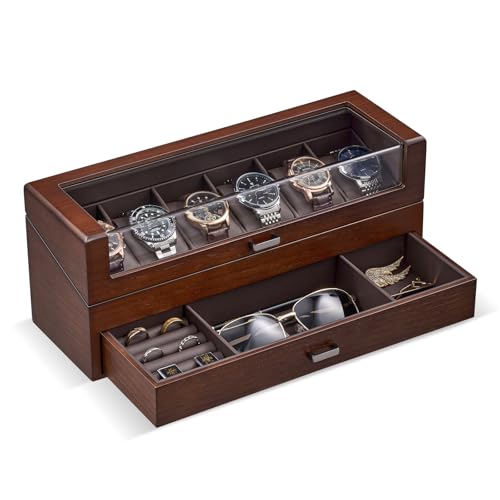 ProCase Wooden Watch Box for Men, Wood Watch Display Case Men's Jewelry Organizer Box with Drawer -6 Slot, Walnut Walnut 6 Slot