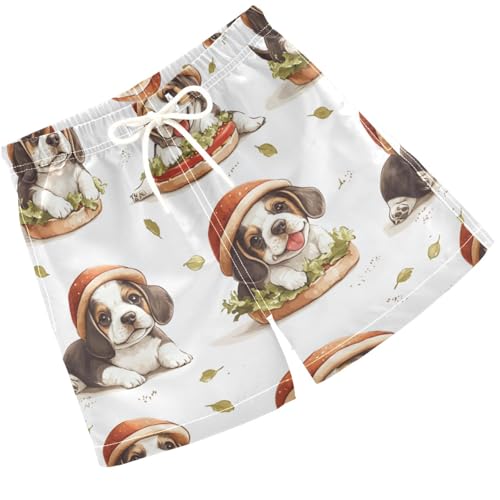 Pigsaly Boys Swim Trunks Hamburger Black Brown Beagle Puppy Dog Boys Board Shorts Swimsuit Swimwear Summer Bathing Suit S