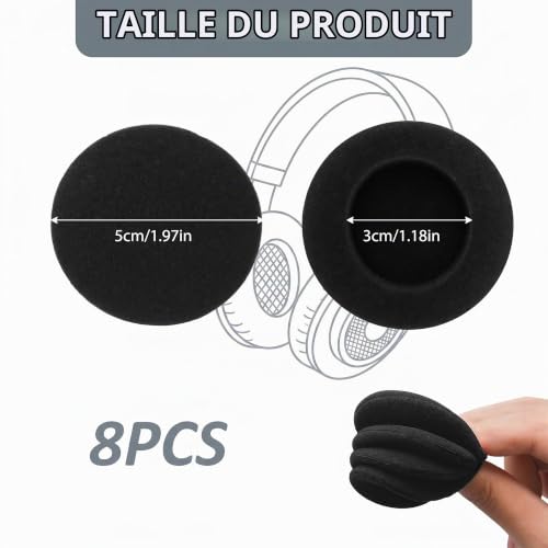 4 Paires Coussinets de Rechange en Mousse pour Casque d'Écoute, Diamètre 5 cm Coussinets Casque Audio, Souple Confortables Remplacement Universel (Noir) – vue 2