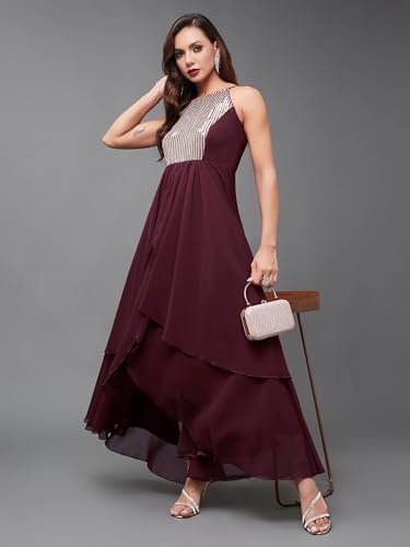 Image of Miss Chase Women's Round Neck Sleeve Embellished Fit Flare Maxi Dress