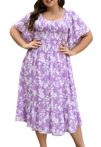 Image of Keluummi Plus Size Wedding Guest Midi Dress for Curvy Women, Summer Casual Boho Floral Empire Waist Party Dress with Pockets