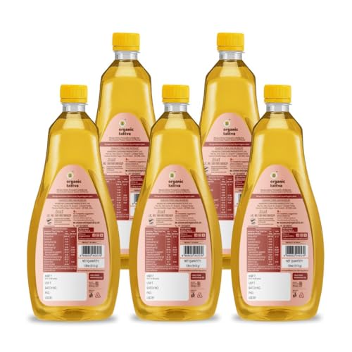 Image of Organic Tattva, Organic Groundnut (Peanut) Oil, 1 Litre | Unrefined Moongphali ka Tel | Cholesterol and Tran Fat Free| 100% Organic | Pesticide and Chemical Free | Pure and Unadulterated | Double Filtered | Expeller-Pressed | Pack of 5