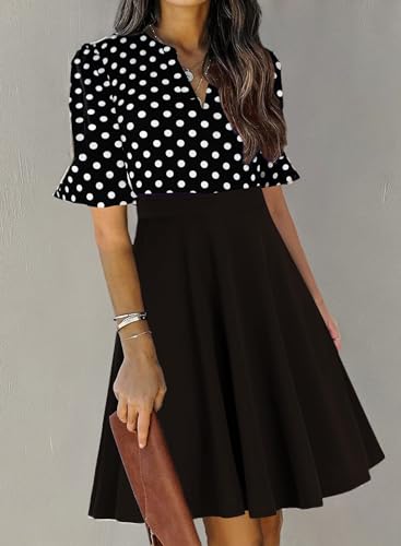 Image of Mokayee Womens Summer V Neck Ruffle Short Sleeve Fit and Flare Knee Length Church Wedding Guest Dresses with Pockets