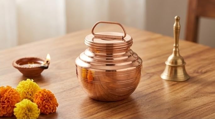 Image of Pure Copper Kalash |Lota |Chembu with Lid for Ganga Jal, Pooja & Temple Use (200ML,Small)