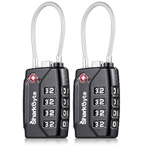 SharkByte TSA Approved Suitcase Locks – 4-Dial Security Travel Combination Padlock, Flexible Cable Wire Travel Lock for Suitcases, Luggage Locks, Travel Bag Gym Locker Small PadLock with code (2 Pack)