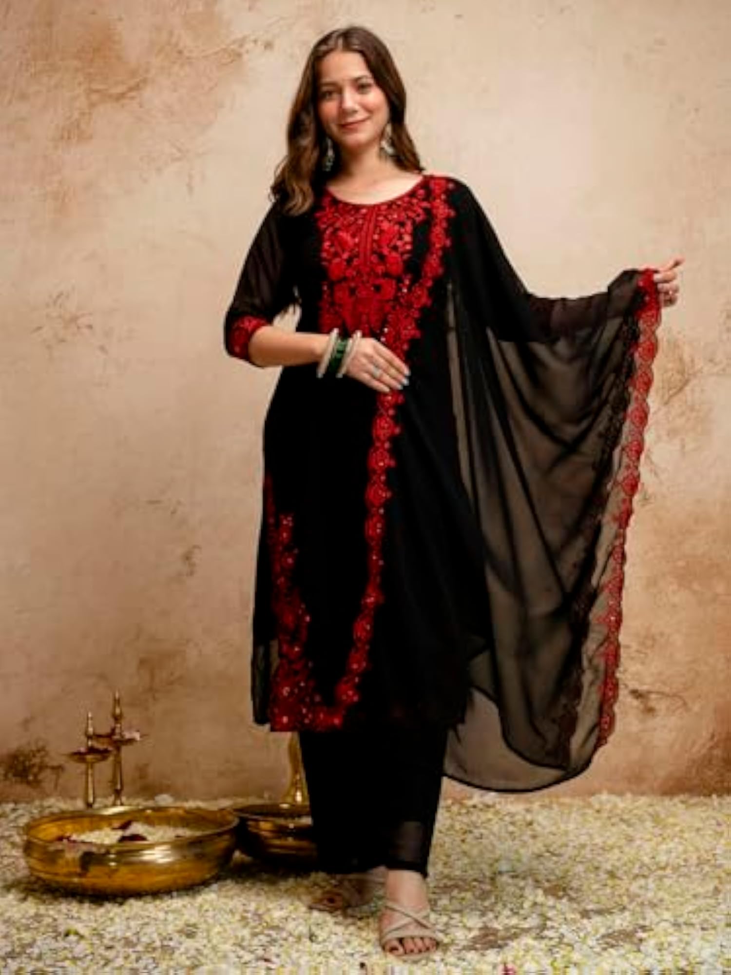 Women's Embroidered Georgette Kurta Pant Dupatta Set, A-Line