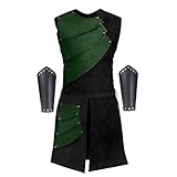 Men's Side Laces up Knight Viking Pirate Armor Long Waistcoats Vests Long Bracer Costume Set (Medium(Chest 39-40), Green)