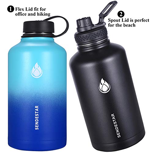 Sendestar 64 Oz Beer Growler Double Wall Vacuum Insulated Leak Proof Stainless Steel Water Bottle —Wide Mouth With Flat Cap & Spout Lid Includes Water Bottle Pouch (Mint/Cobalt) #TOP3