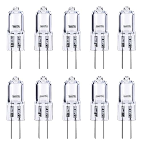 Rpanle Lámparas Halógenas G4, 12V 20W, Bombilla Halógena G4, 3000K Blanco Cálido, para Iluminación del Paisaje, Luz del Gabinete, Candelabro, 10 Piezas