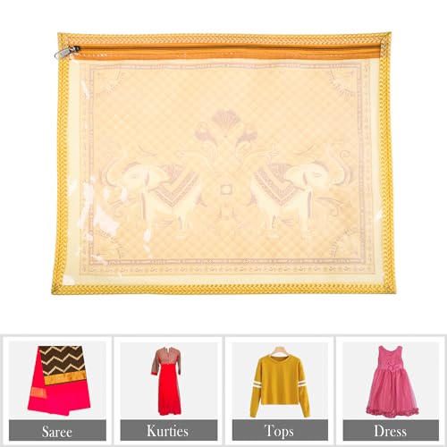 Image of Kuber Industries cotton Saree Cover|Elephant Design Clothes Storage Bag|Single Packing Saree with Zip Closure|Wardrobe Organizer|Pack of 12|Cream