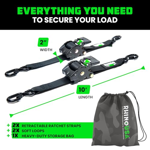 Image of Rhino USA Retractable Ratchet Straps (2-Pack) - 2 Inch x 10 Feet (3,033lb Break Strength) - Heavy Duty Auto Self Retracting Tie Down Straps for Truck, Cargo Trailer, Motorcycle, Rad & More - Black