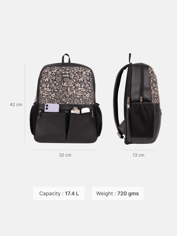 Image of ZOUK Women's Office Backpack | Vegan Leather & Handicraft Fabric | PeTA Approved | 15.6 Inch Laptop Compartment | Dual Zipper Pockets | Water Resistant | Trolley Passthrough | 17.5L