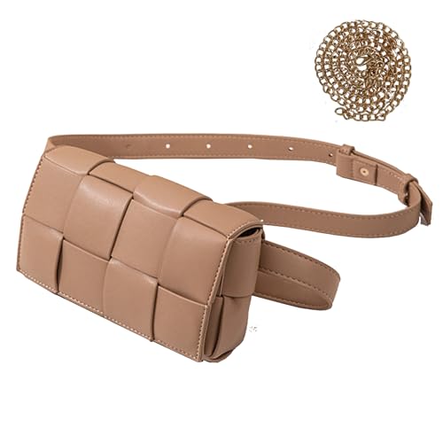 Image of Mini Woven Lether Purse Crossbody, Waist Pack Bag with Adjustable Belt, Fanny Packs Purse, Shoulder Handbags (Khaki)