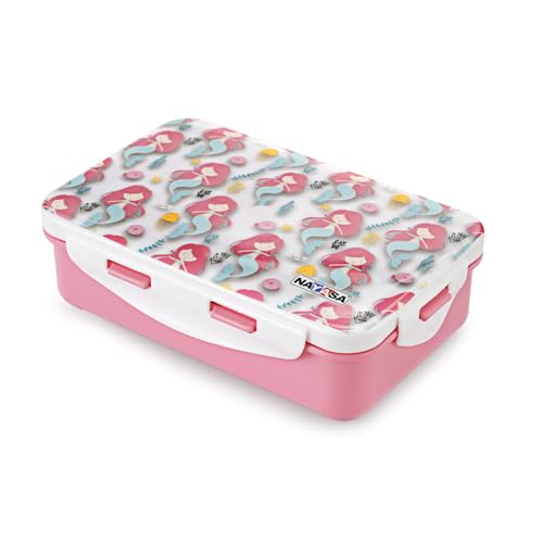 Image of Nayasa Camp 2 Compartment BPA-Free Plastic Lunch Box for Kids Girls | Mermaid Print | Leak Proof Clip Lock | Pink
