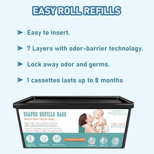 Image of Diaper Pail Easy Roll Refill Bags, Compatible with Easy Roll Signature Diaper Pail and Platinum D iaper P ail, Lasts Up to 8 Months,7-Layer Odor-Barrier Technology, 30 bags per pack (Pack of 3)