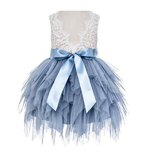 ekidsbridal Tiered Tulle Lace Back Junior Flower Girl Dress Christening Dresses LG6 6 Dusty Blue