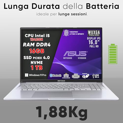 VivoBook Pc Portatile, Notebook i5 13420H, RAM DDR4 16Gb, SSD 1Tb PCI-e 4.0, DISPLAY IPS WUXGA 16,0" FHD, Computer Portatile, Laptop con Tastiera Retroilluminata, Fingerprint, Win 11 Pro, 16" - Notebook - Immagine 3