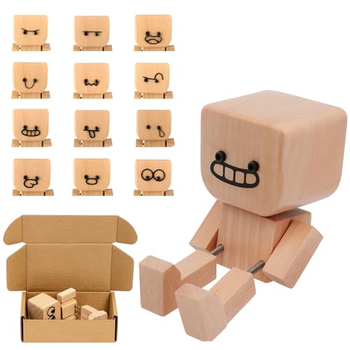 QminTouyzs Shaking Wooden Man Figurine, Wooden Man with Wobbly Legs with 12 Expressions, Unique Office Desk Ornament, Wooden Figure with Shaky Legs for Car Dashboard Decor