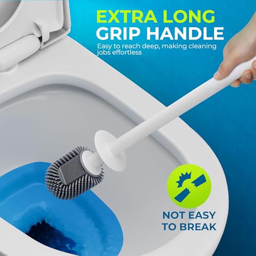 Image of Silicone Toilet Brush, L-Shaped Toilet Brush and Holder Set, Bathroom Toilet Brush with Long Non-Slip Handle, Wall Mounted or Floor Standing Design, for Home and RV Use
