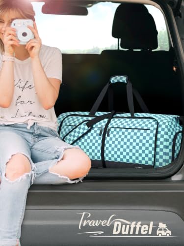 Image of Lekesky Foldable Travel Duffle Bag for Women, Large Duffel Bag with Separate Shoes Compartments & Straps, Carry On Weekend Bag for Women, Hospital, Overnight (Green Gingham, 80L)