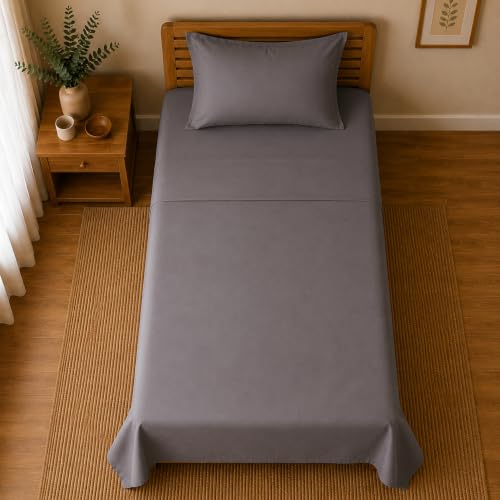 Image of Linen Home Cotton Percale Flat Bedsheet Set Single Size Charcoal Grey