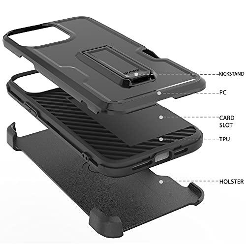 BEYOND CELL Compatible with Apple iPhone 13 Pro Max Armor Kombo Kickstand Case with Belt Clip Holster, Hybrid Rugged Heavy Duty Shockproof Drop Protection Black