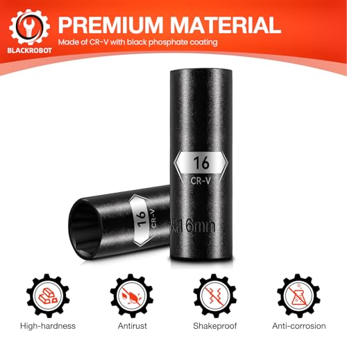 Image of BLACKROBOT 1 /2 Inch Drive 6-Point Deep Socket, 16mm Deep Impact Socket, CR-V Steel