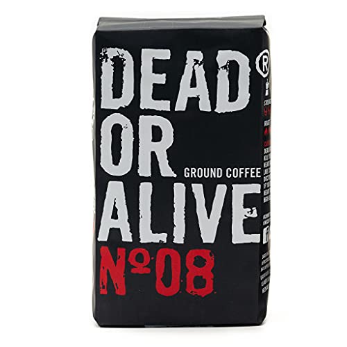 DEAD OR ALIVE COFFEE Moka N08, High Caffeine Ground Coffee, Medium Roast Italian Coffee Blend, Premium Robusta and Arabica Coffee, Strong Ground Coffee, 8.8 oz. bag