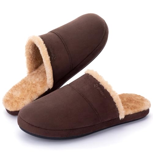 Image of Zigzagger Mens Fuzzy Scuff House Slippers Indoor Memory Foam Winter Warm House Shoes(Coffee,Size 11-12)