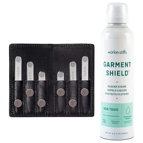 Würkin Stiffs Assorted Power Stays Magnetic Collar Stays Travel Set + Garment Shield Spray Black Leather Wallet Case | 6.8 oz Air-Powered Clothing Protector Spray Cover