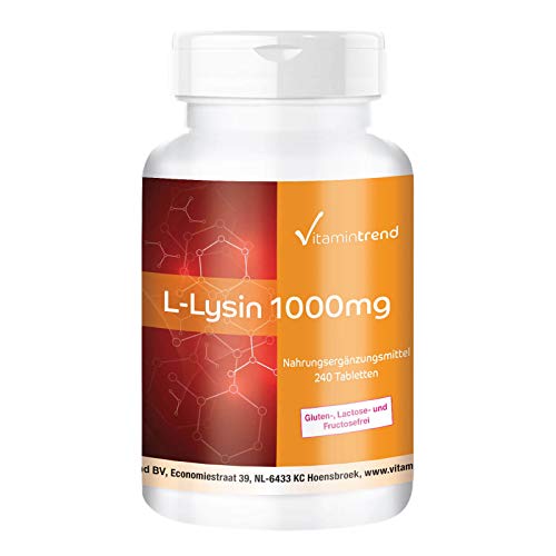 L-Lisina 1000mg - Aminoácido esencial - Altamente dosificado - 240 comprimidos - Vegano