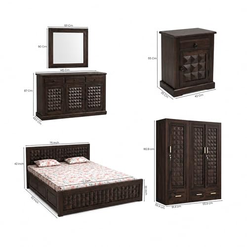 Image of SONA ART & CRAFTS Diamond Solid Sheesham Wood Bedroom Set | King Size Bed with Box Storage, Wardrobe, Cabinet with Mirror & Two Bedside Tables - Walnut Finish (Assembly Included)
