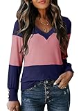 Dokotoo Comfortable Color Block Pullover Tops Women V Neck Long Sleeve Tunic Shirt Office Casual Wear Pink and Purple S