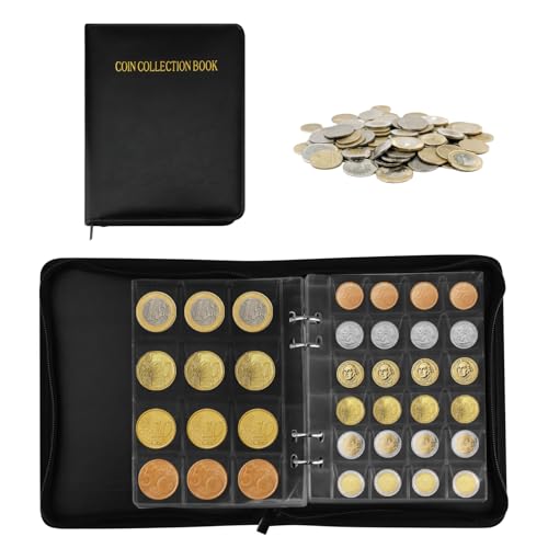 600 Compartimentos Album Monedas, Album Monedas 2 Euros(Páginas 20, 3cm, 480 Bolsillos + Páginas 10, 4cm, 120 Bolsillos), para Coleccionar Euro, Insignia y Medalla