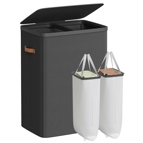 SONGMICS Laundry Basket, 44.9 Gal. Laundry Hamper, 2 Compartments, Easy Assembly, with Lid and Handles, Removable Liners, 22 x 15.7 x 29.5 Inches, Ink Black ULCB813B01