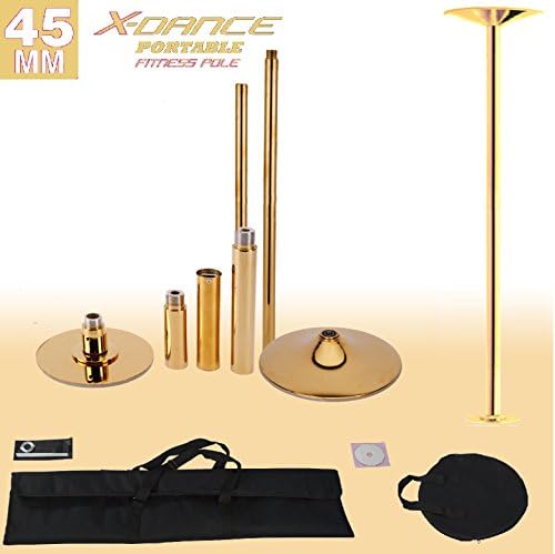 X-Dance(TM) 45 mm Professional Exotic Fitness Removable Pole Dance Fitness CHROME GOLD, 2 Black Portable Carry Bags Included, Dancing Spinning Pole …