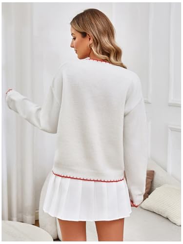 Image of RoseSeek Women's 3D Floral Appliques Crewneck Sweaters Long Sleeve Drop Shoulder Pullovers Elegant Knit Tops