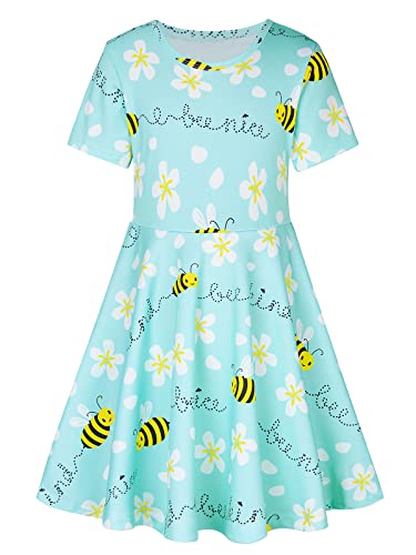 ALISISTER Bee Dress Little Girls 7T T Shirt Desses Short Sleeve Outfits Back to School Birthday Party Dance Twirl Kids Sundress Clothes Size 6-7 Years