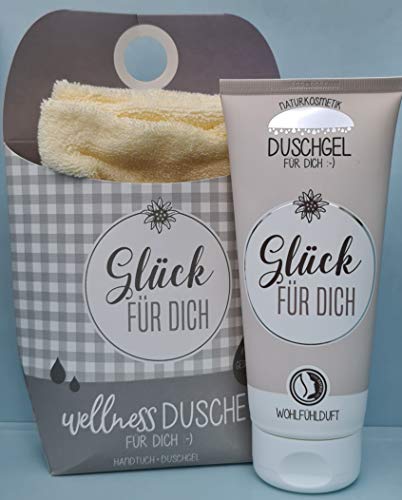 LaVida Relax-Geschenk-Set, Wellness Dusche,Glück für Dich, Duschgel- zertifizierte Naturkosmetik mit einem Handtuch aus Bio-Baumwolle