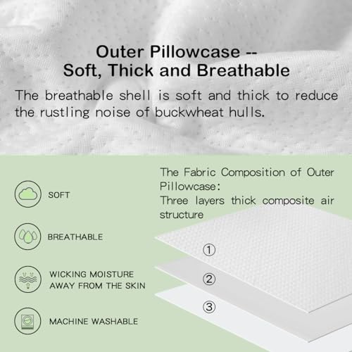 LOFE® Organic Buckwheat Pillow for Sleeping -14''x20'', Adjustable Loft, Breathable for Cool Sleep, Cervical Support for Back and Side Sleepers(Tartary Buckwheat Hulls, A Removable Pillowcase) by LOFE - Image 5