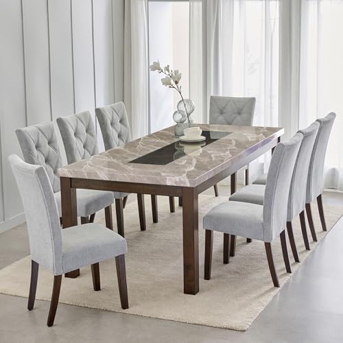Image of Home Centre Harmony Sia Solid Wood Faux Marble Top 8-Seater Dining Set with Chairs - Grey