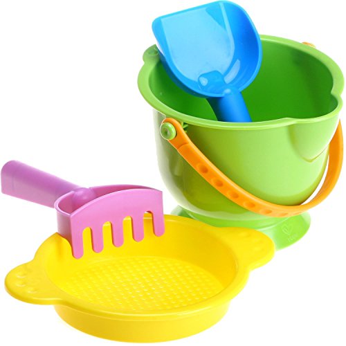 Hape Beach Basics Sand Toy Set Including Bucket Sifter, Rake, and Shovel Toys| Sand Toy Playset for Toddlers 18M+