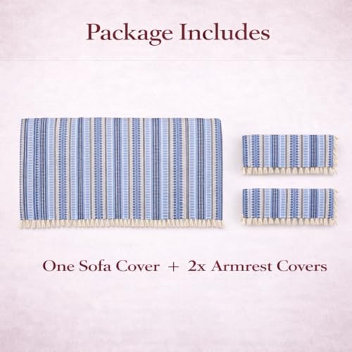 Image of STITCHNEST Woven 1 Seater Sofa Protector with 2 Hand Rest Covers - Blue & White Stripe Design - Washable Fabric with Tassels - Stylish Sofa Cover for Modern Living Room & Furniture Decor