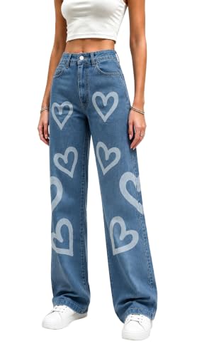 Women's High Waist Heart Print Wide Leg Loost Fit Vintage