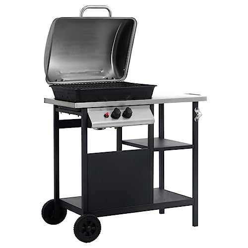 Barbacoa de gas con mesa auxiliar, carro de barbacoa para jardín y terraza, potencia de 5,5 kW, encendido piezoeléctrico, superficie de parrilla de 49 x 33 cm, color negro y plateado