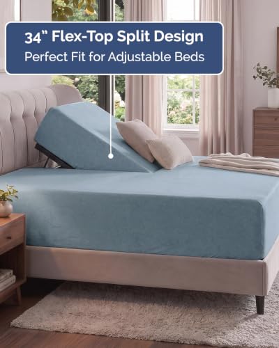 Image of Extra Deep Flex Top Split Head King Fitted Sheet - Hotel Luxury Single Fitted Sheet Only - Easily Fits 18 inch to 24 inch Mattress - Ultra Soft, Wrinkle Free w /Extra Deep Pockets - Heathered Blue